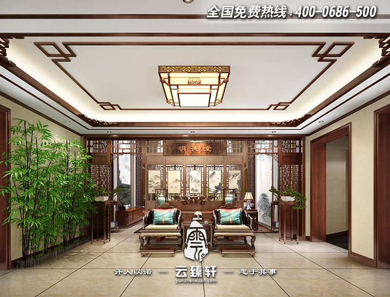 別墅中式過廳設(shè)計效果圖