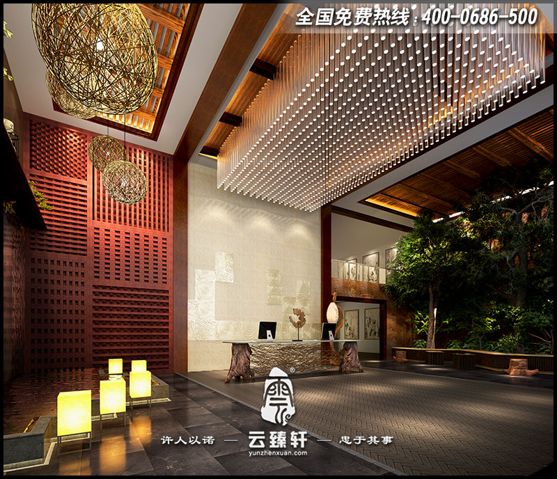 土橋中式會所大堂前臺設(shè)計效果圖